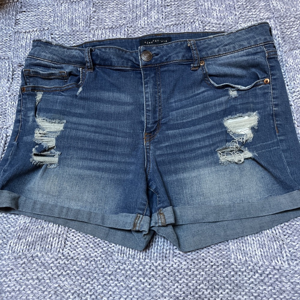 AEROPOSTLE "Boyfriend Short" MIDI Distressed Denim Shorts Button Fly Jean Sz 16